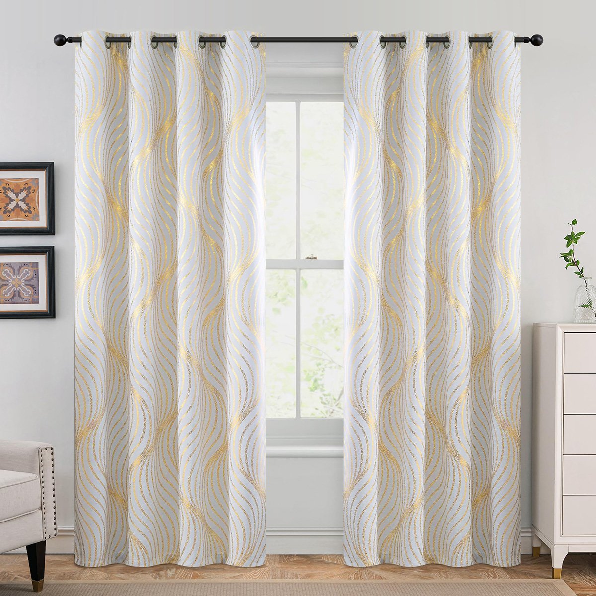 Abstract Wave Gold Foil Curtains with Single-Sided Finish