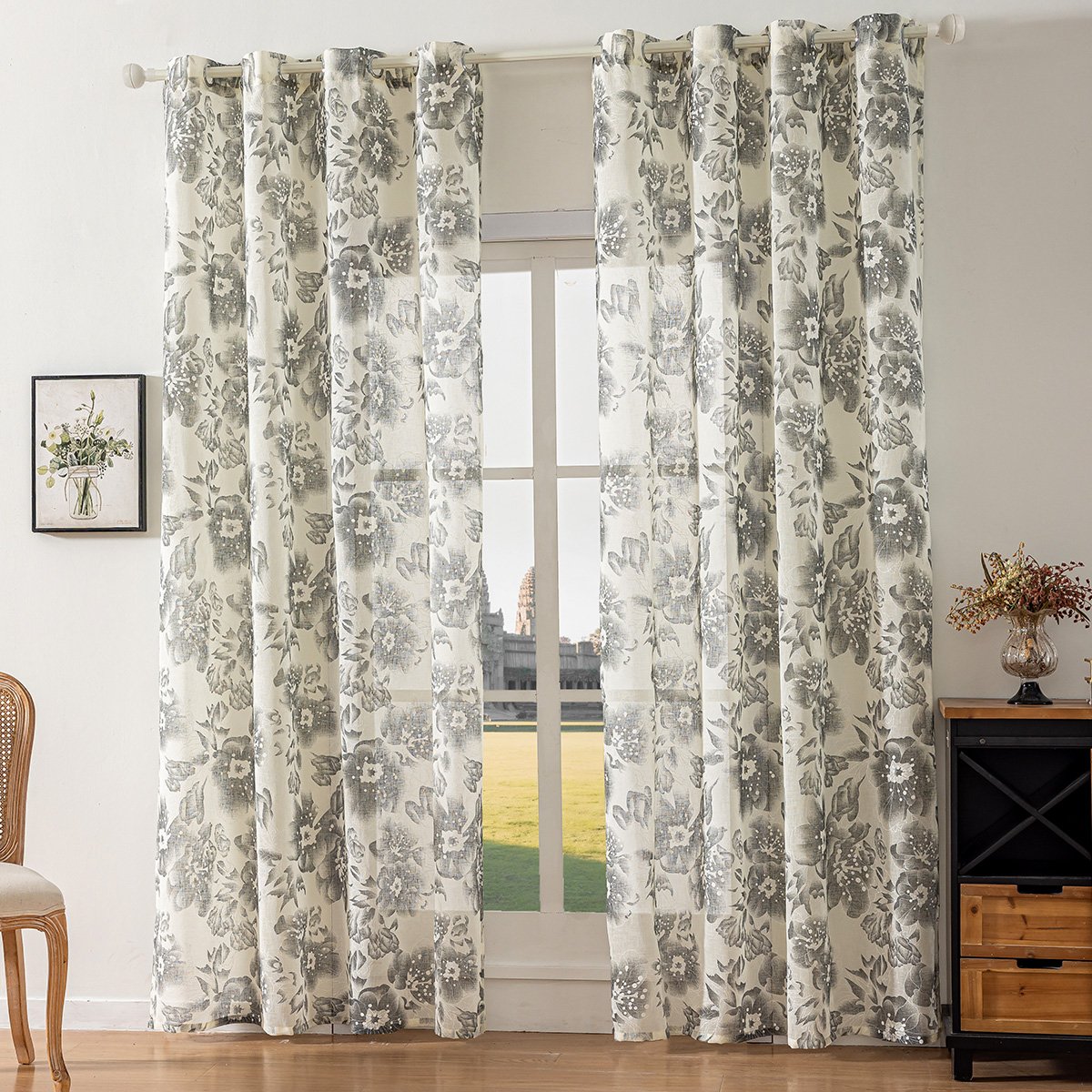 Elegant Ink Wash Floral Curtains with Large Botanical Pattern