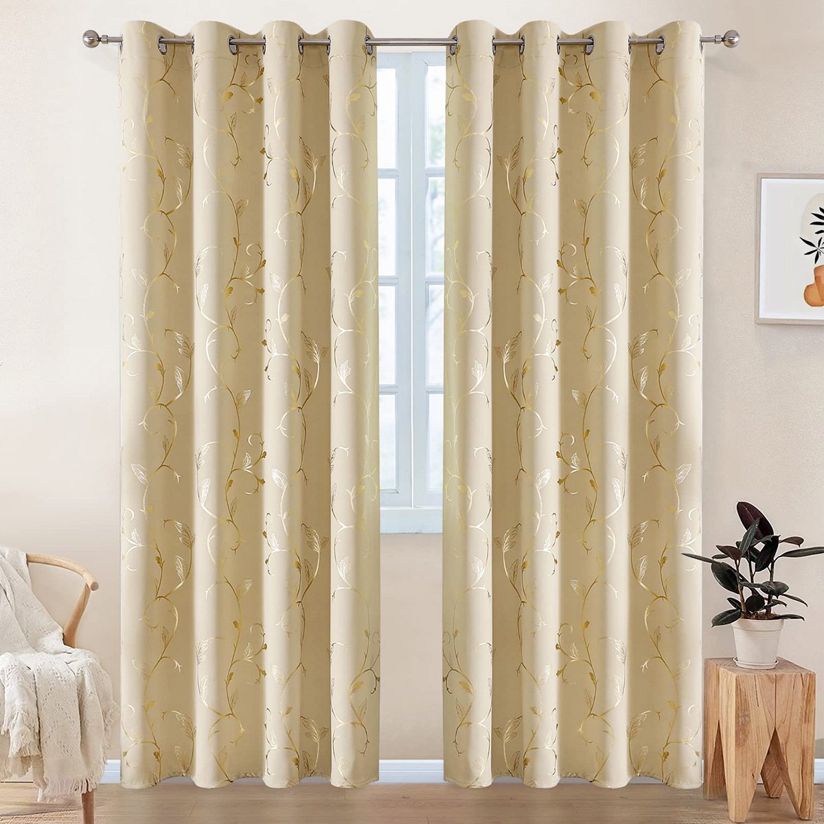 Gold Foil Botanical Vine Pattern Curtains