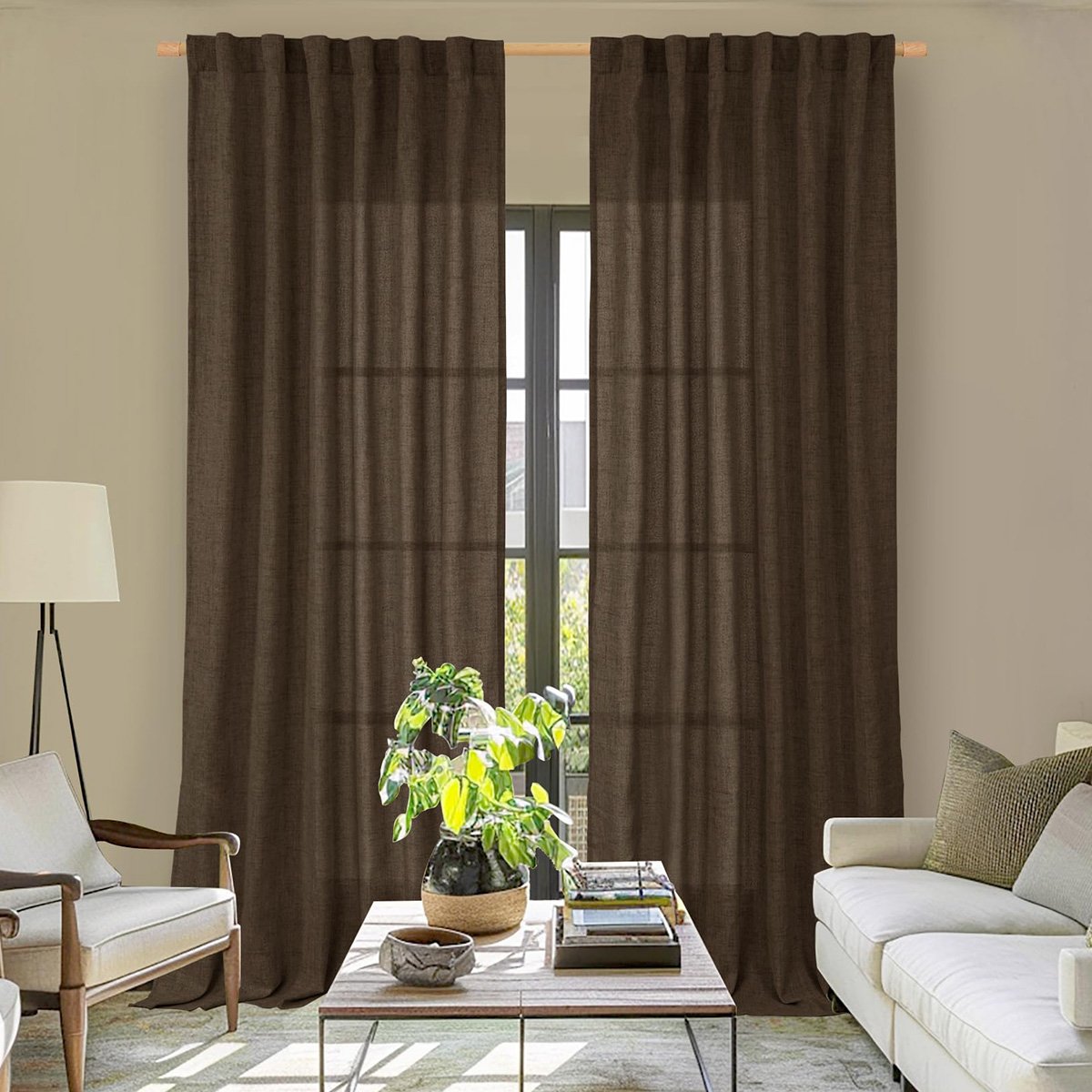 Dark Brown Linen-Look Semi-Blackout Curtains for Modern Home Decoration